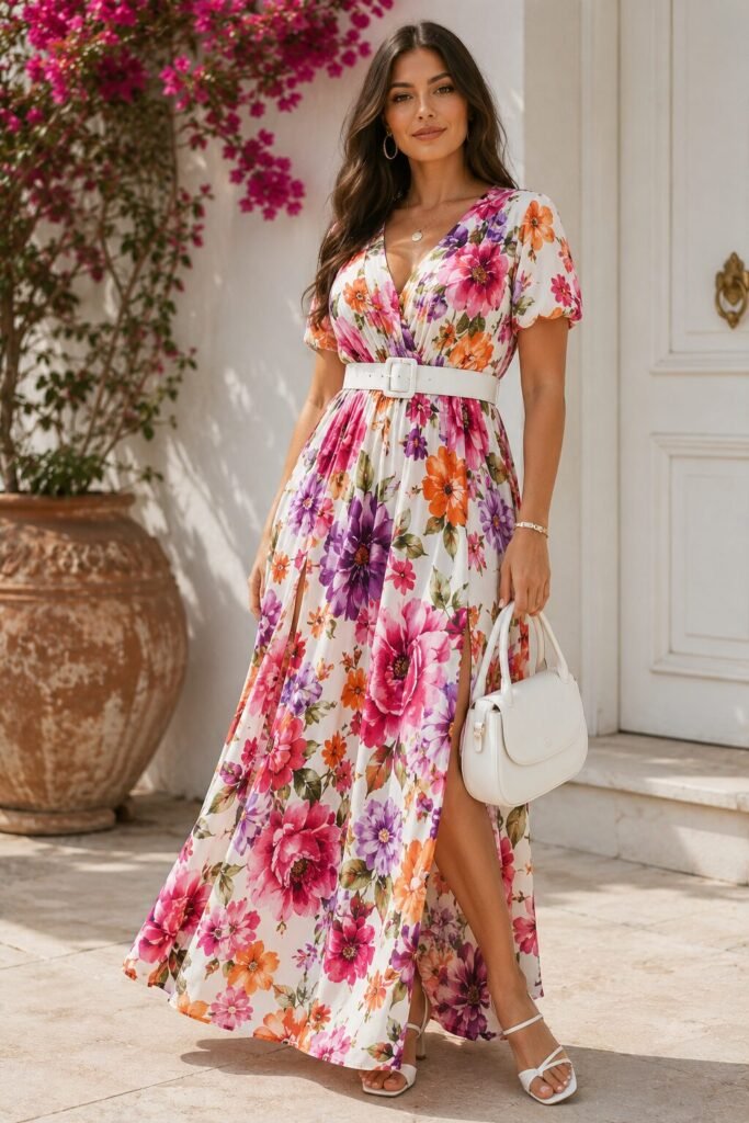 Floral Maxi Dress Ideas with White-Accessory Pop