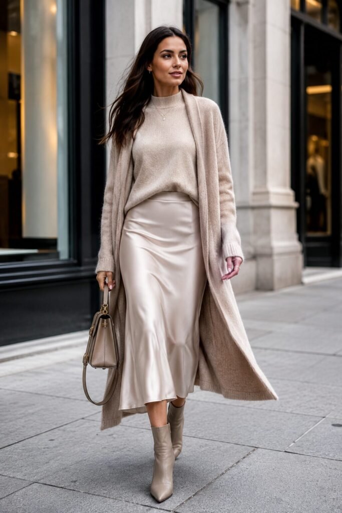 Cashmere Sweater + Satin Slip Skirt + Soft Knit Coat