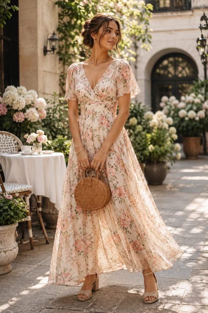 Garden-Party Maxi Dress with Rattan Bag